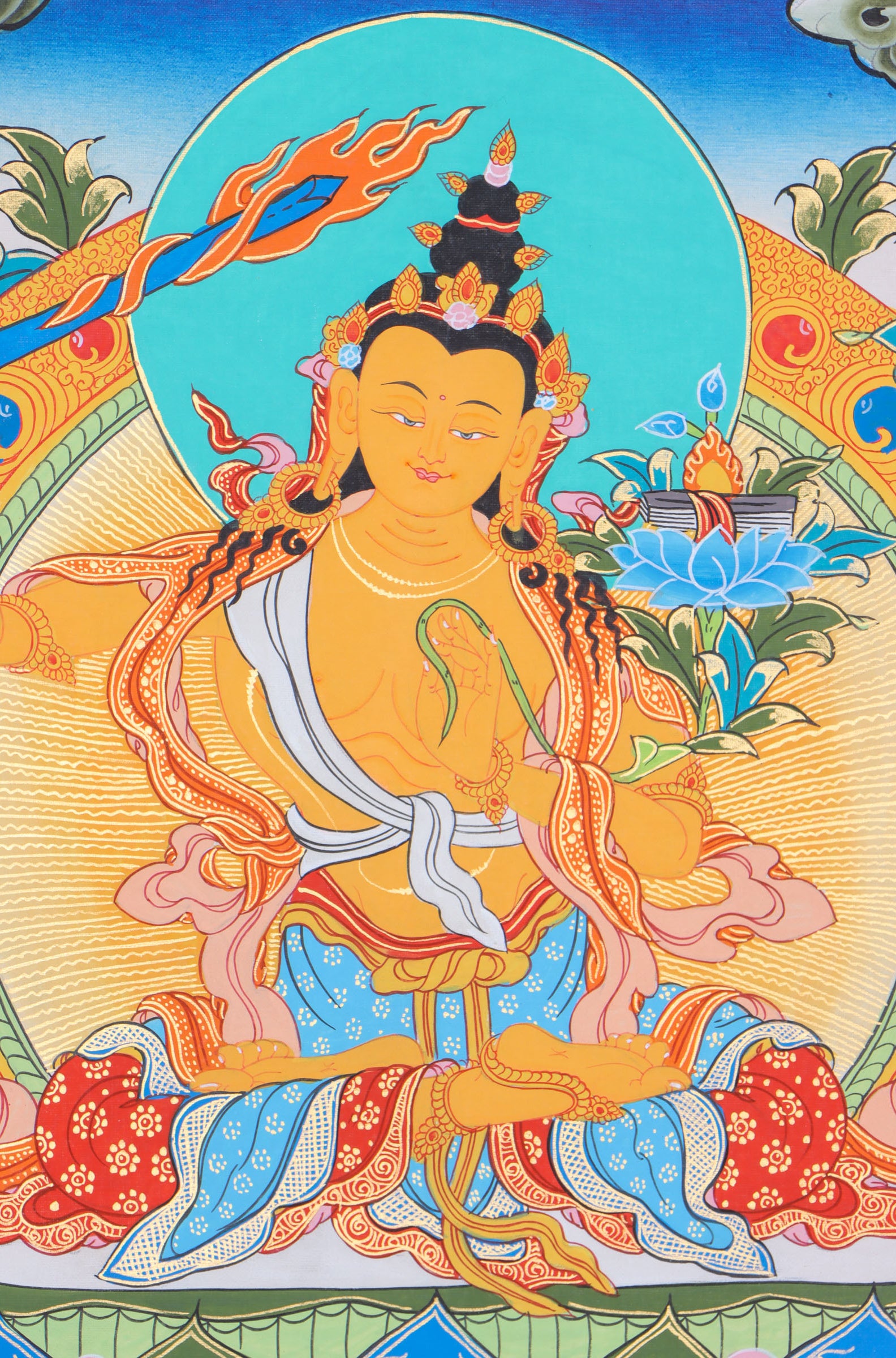 Manjushree Thangka encourages wisdom, discernment, and clarity of mind.