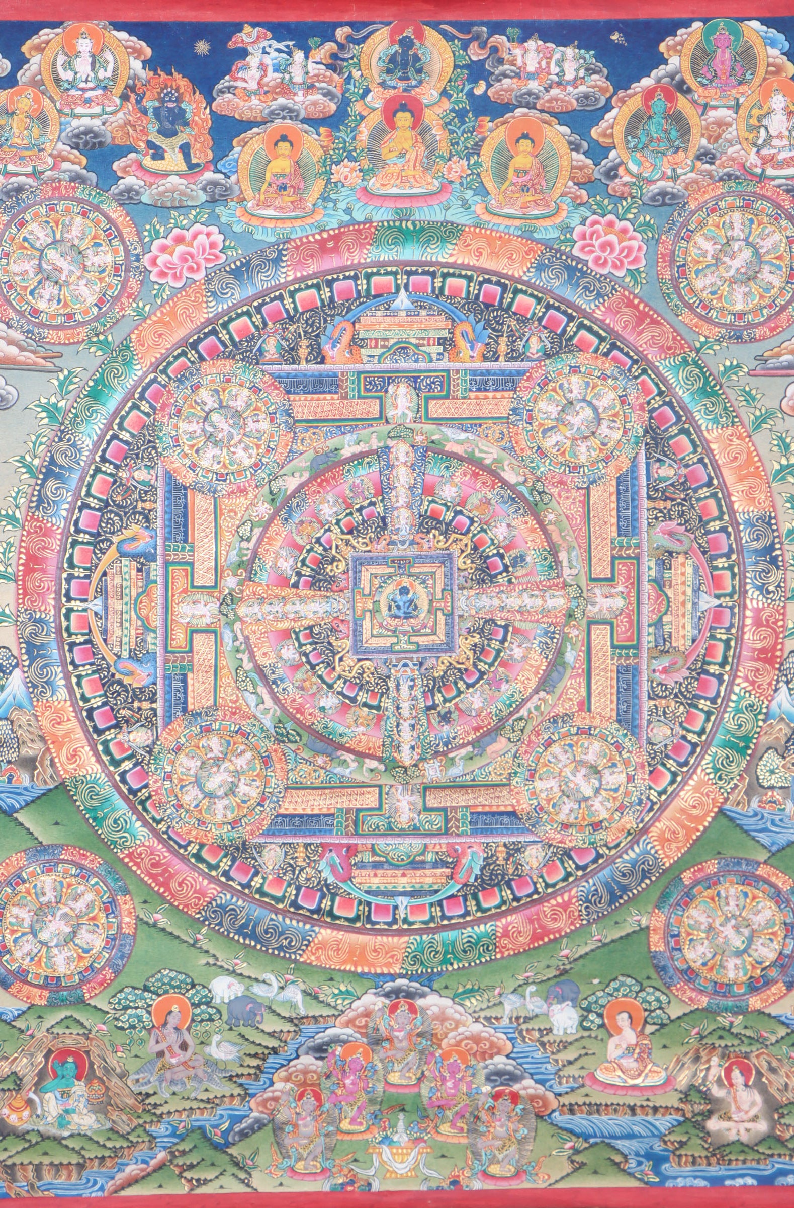  Vajradhara Mandala Thangka serves as a visual illustration to focus meditation and contemplation around the idea of enlightenment.