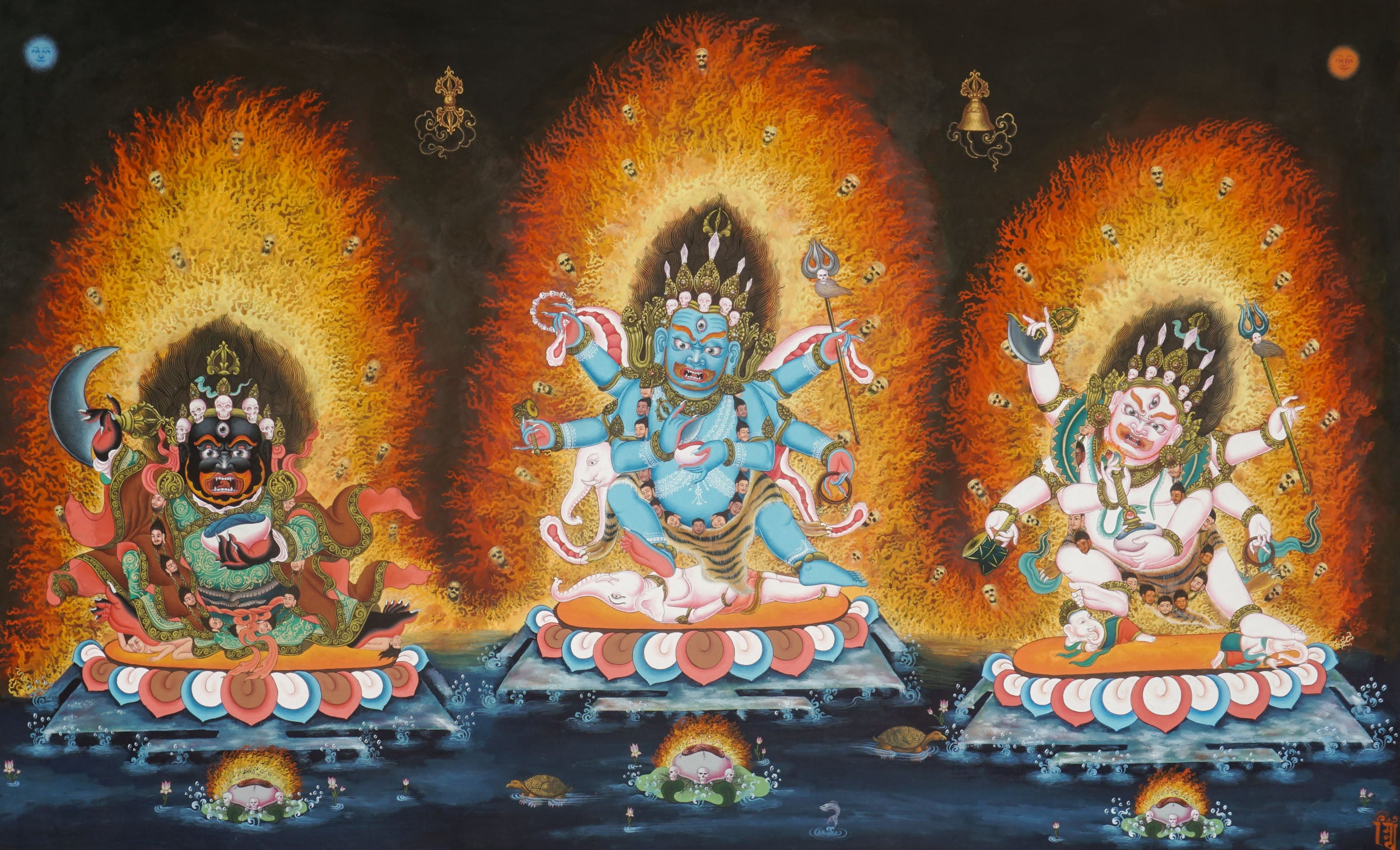 The Three Form of Mahakala- Newari Paudbha Art, Two hand, four hand and six hand Mahakala 