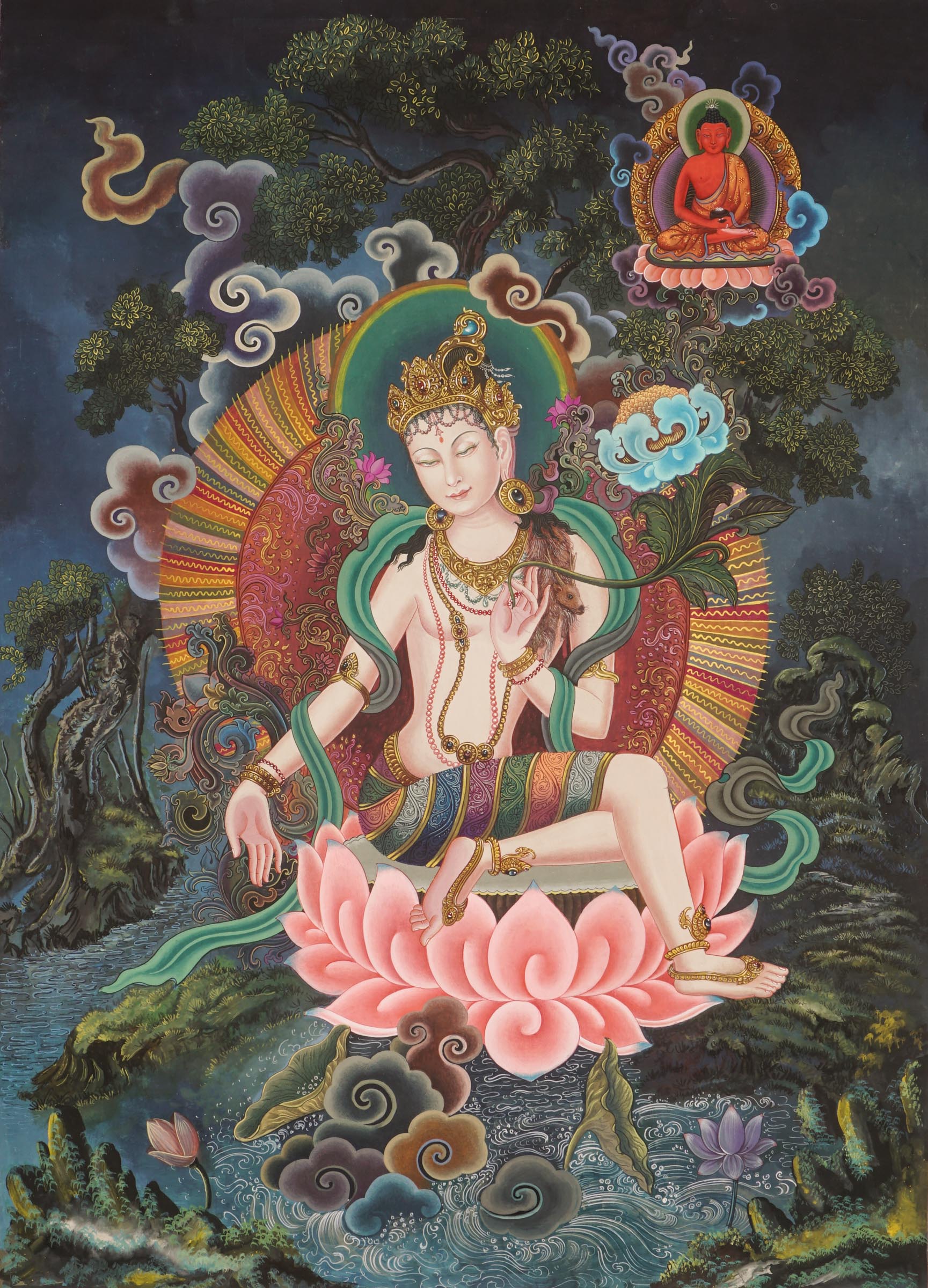 White Chenrezig Newari Thangka Painting with Amitabha- Paubha Art