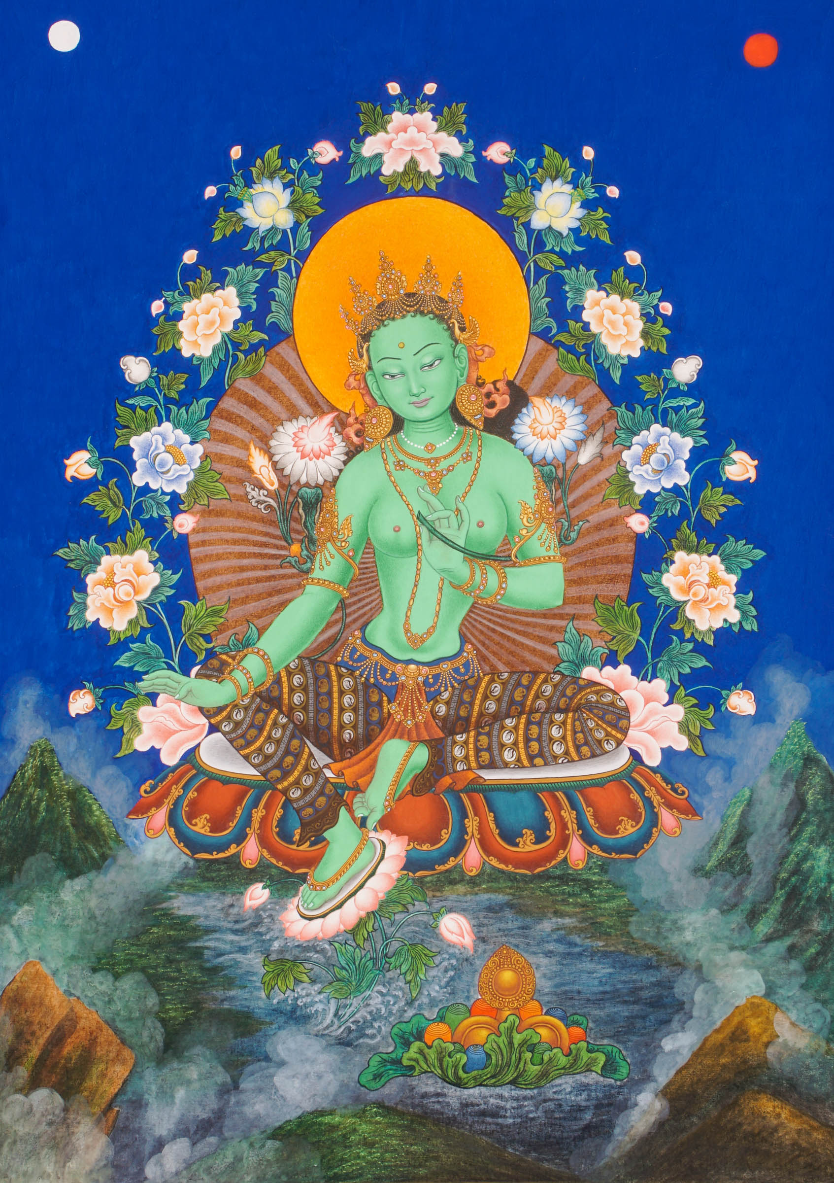 Newari Green Tara Thangka - Handpainted Art 