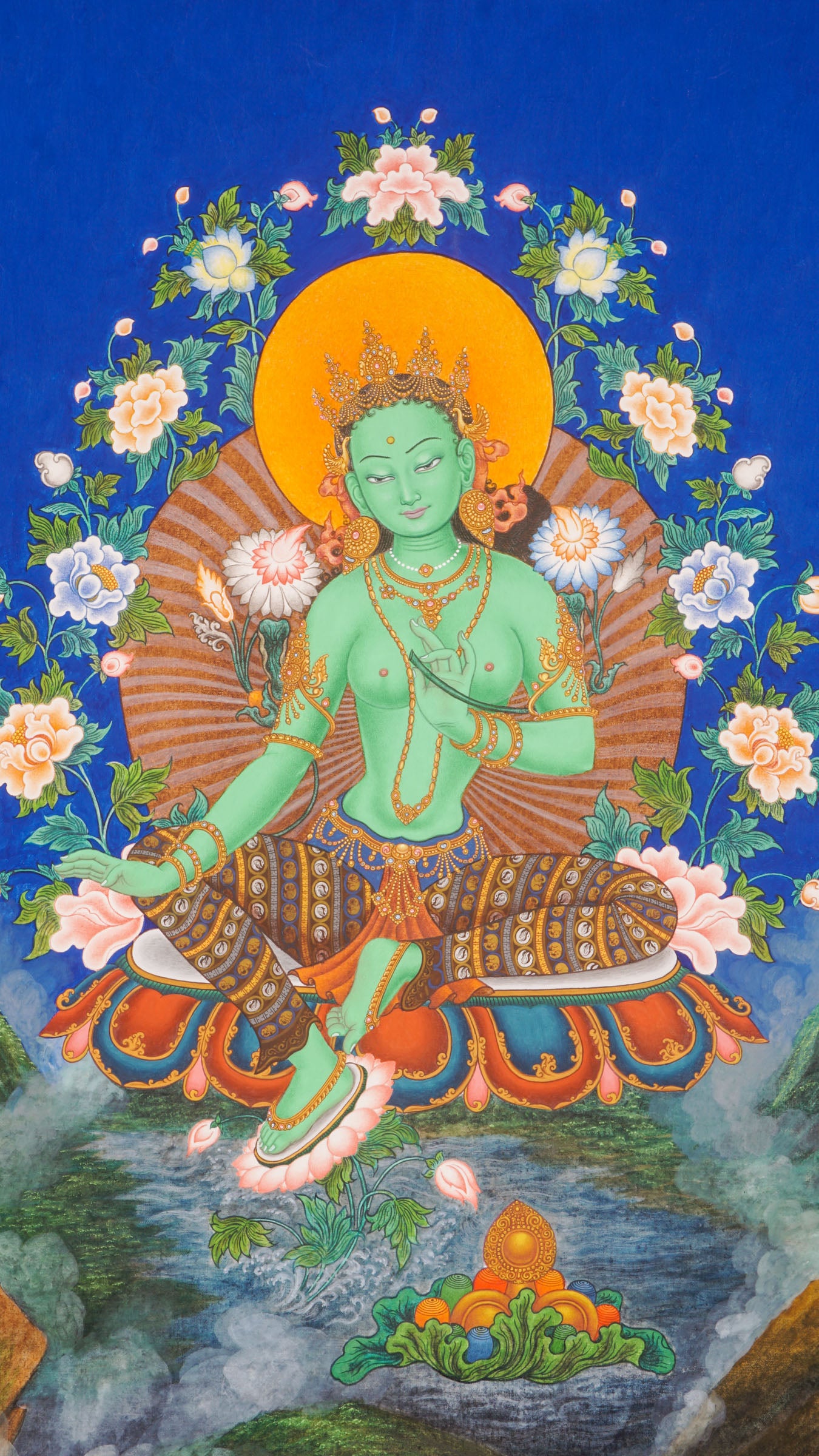 Newari Green Tara Thangka - Hand painted Art by Senior Artist