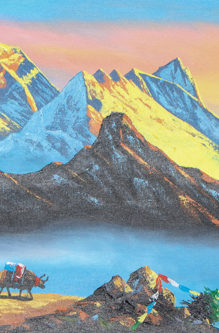 Oil Painting of Mt Everest with  beautiful Natural Landscape of Sunrise.