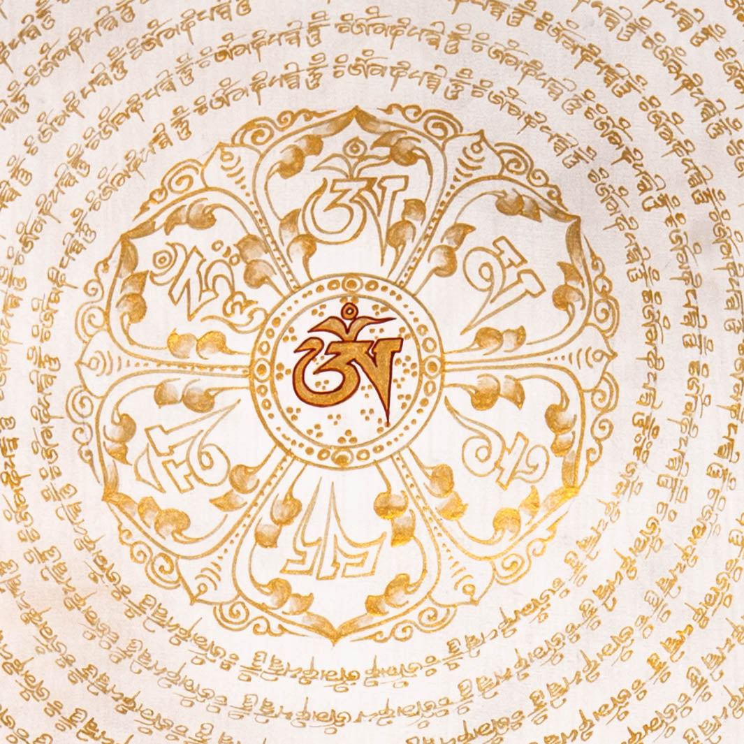 White & Gold Mantra Mandala Thangka for wall hanging decor.