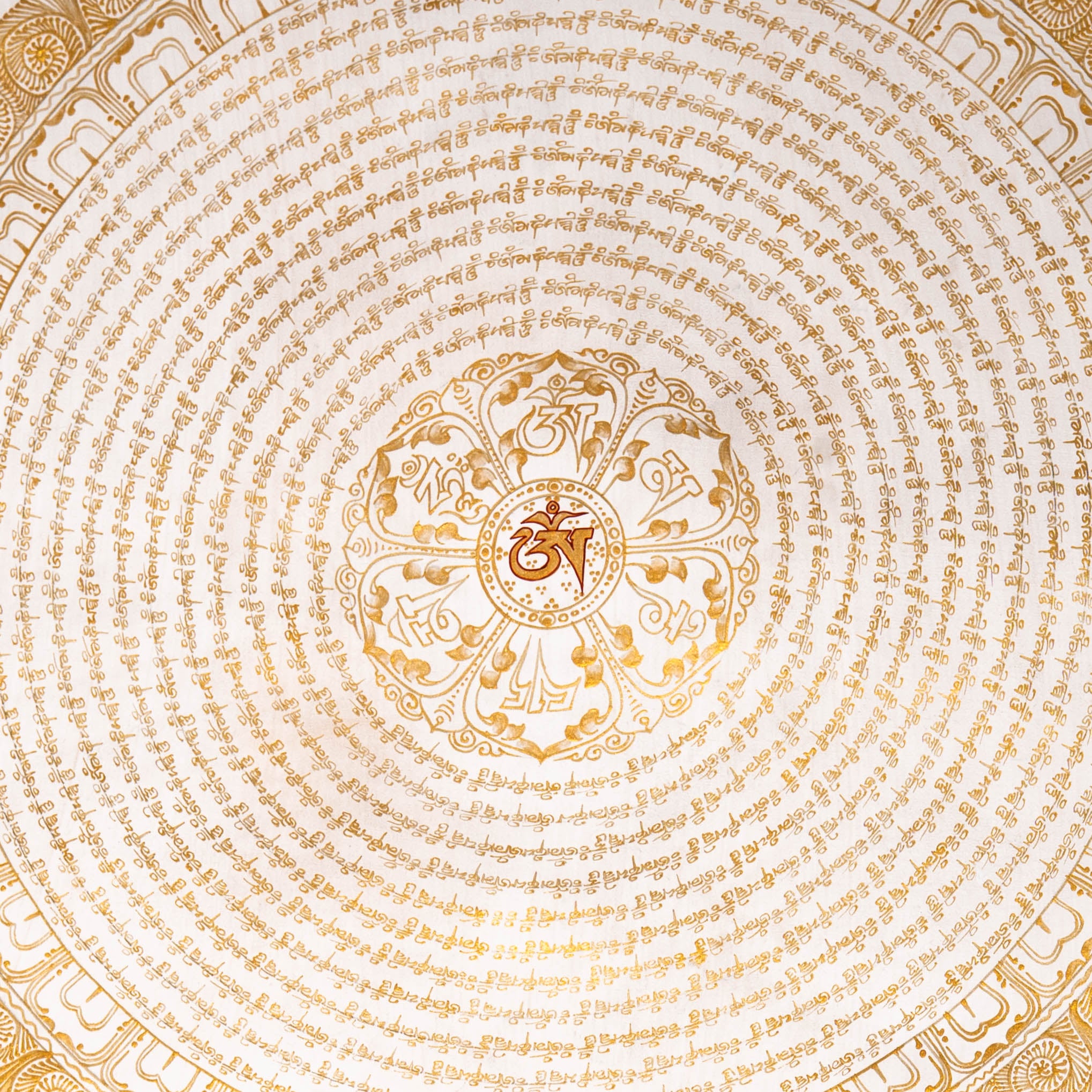 White & Gold Mantra Mandala Thangka for wall hanging decor.