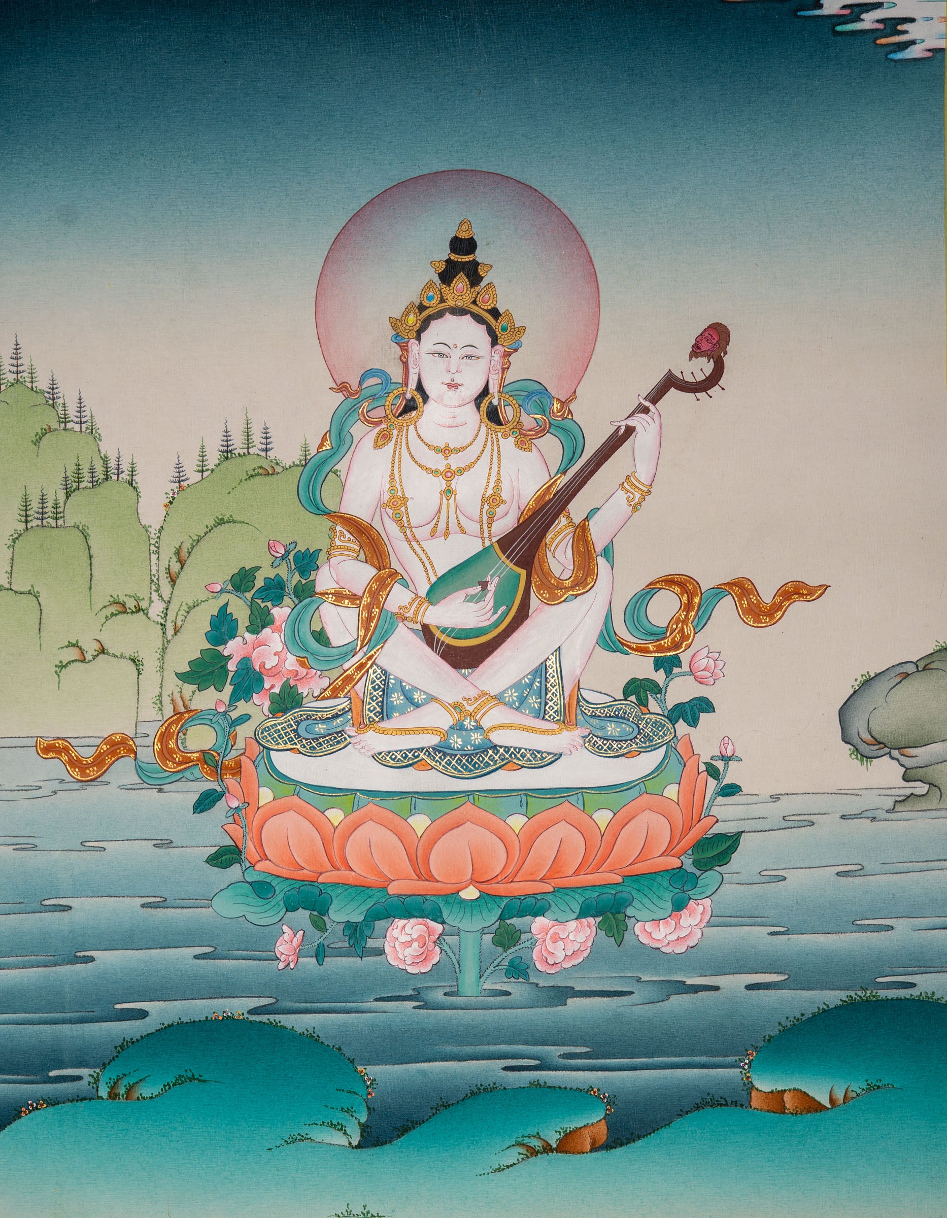 Sacred Saraswati Hand-Painted Thangka