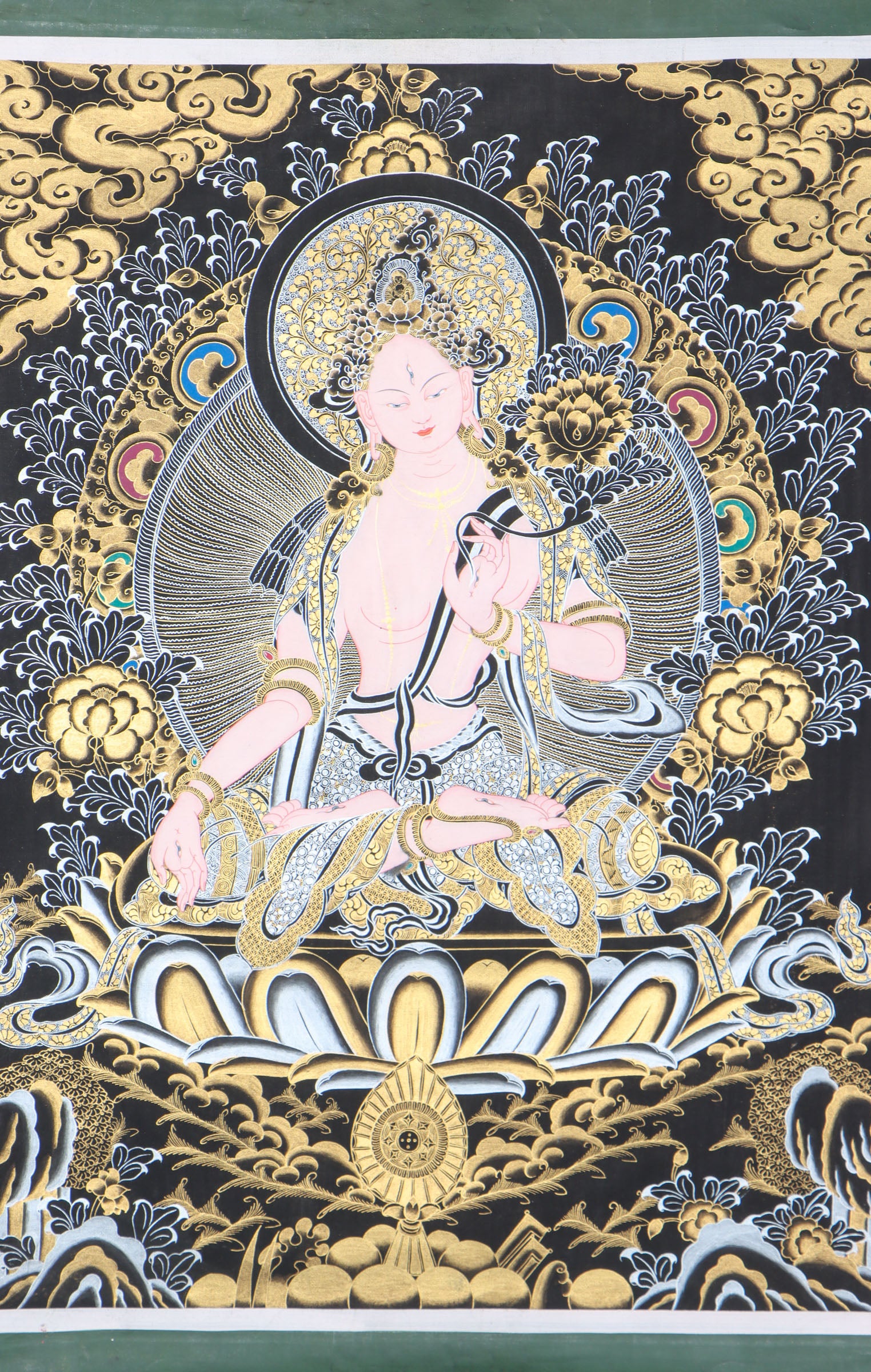 White tara Thangka on Black and gold color theme for wall hanging and spiritual practices