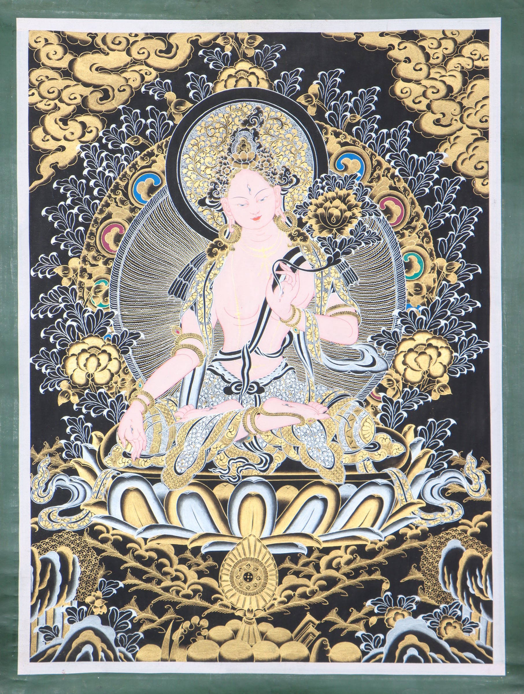 White tara Thangka on Black and gold color theme for wall hanging and spiritual practices