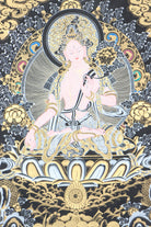 White tara Thangka on Black and gold color theme for wall hanging and spiritual practices