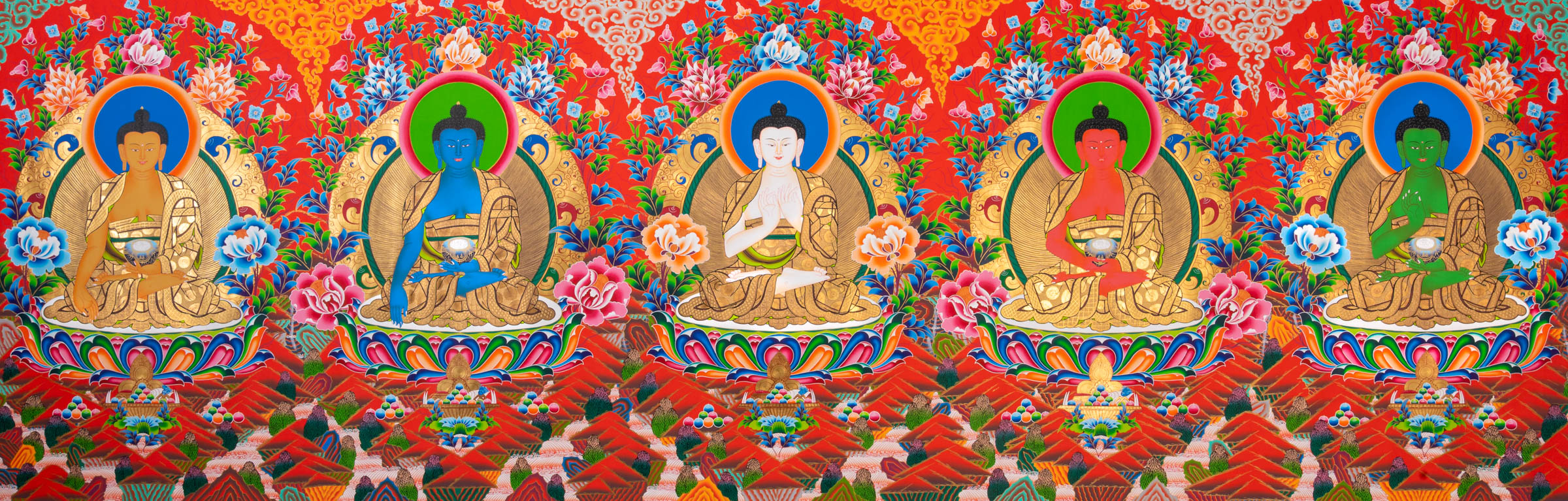 Exclusive Five Dhyani Buddhas Thangka - Tibetan Painting