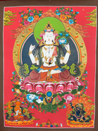 Chengresi Thangka painting on red background