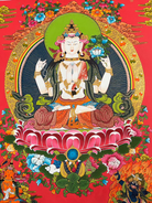 Chengresi Thangka painting on red background