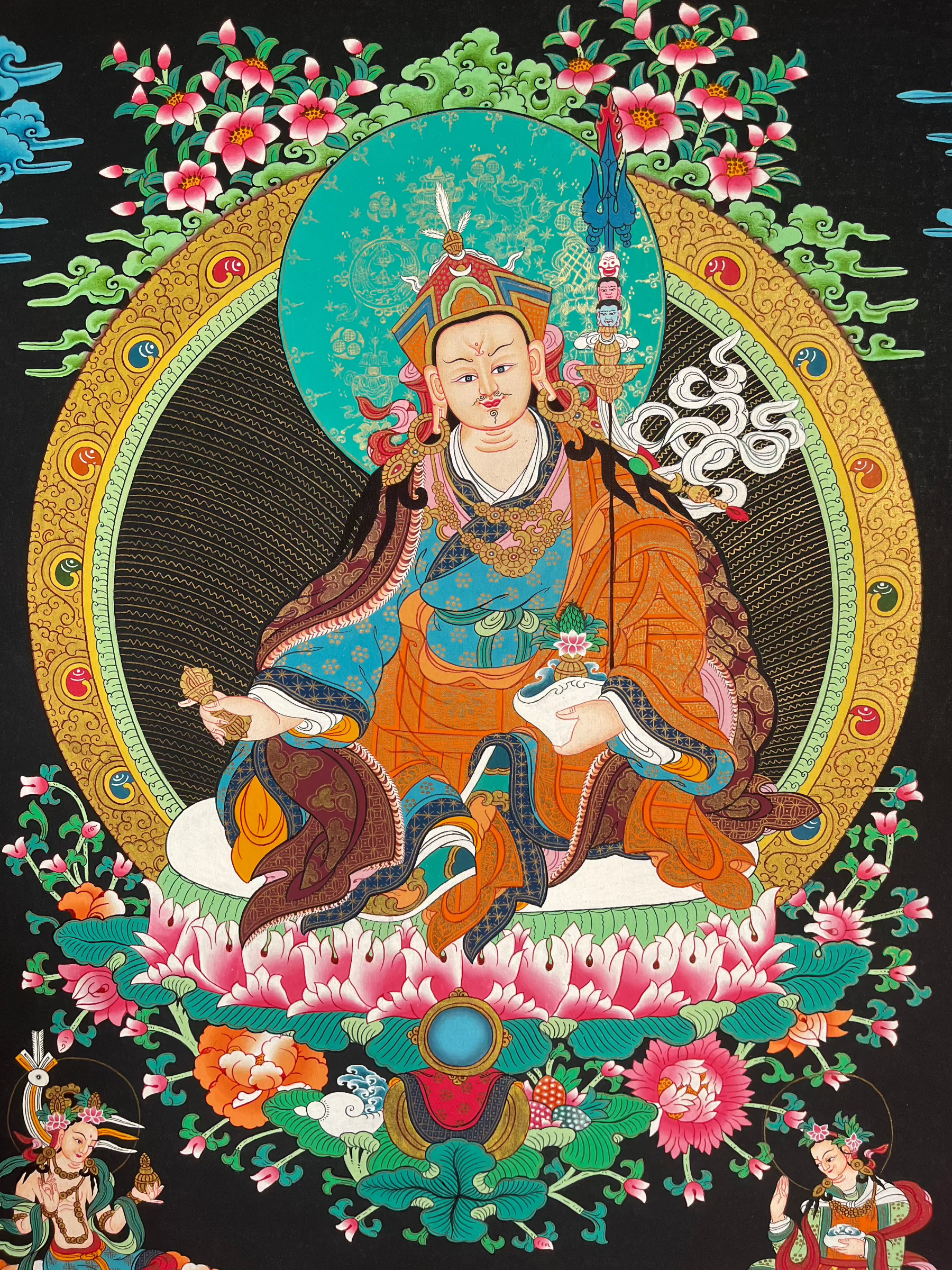 Guru Thangka with   his consorts Yeshe Tsogyal and Mandarava – Handcrafted Tibetan Buddhist Art