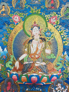 White Tara with Blue background and golden brush work for wall hanging - Tibetan Painting