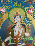 White Tara with Blue background and golden brush work for wall hanging - Tibetan Painting