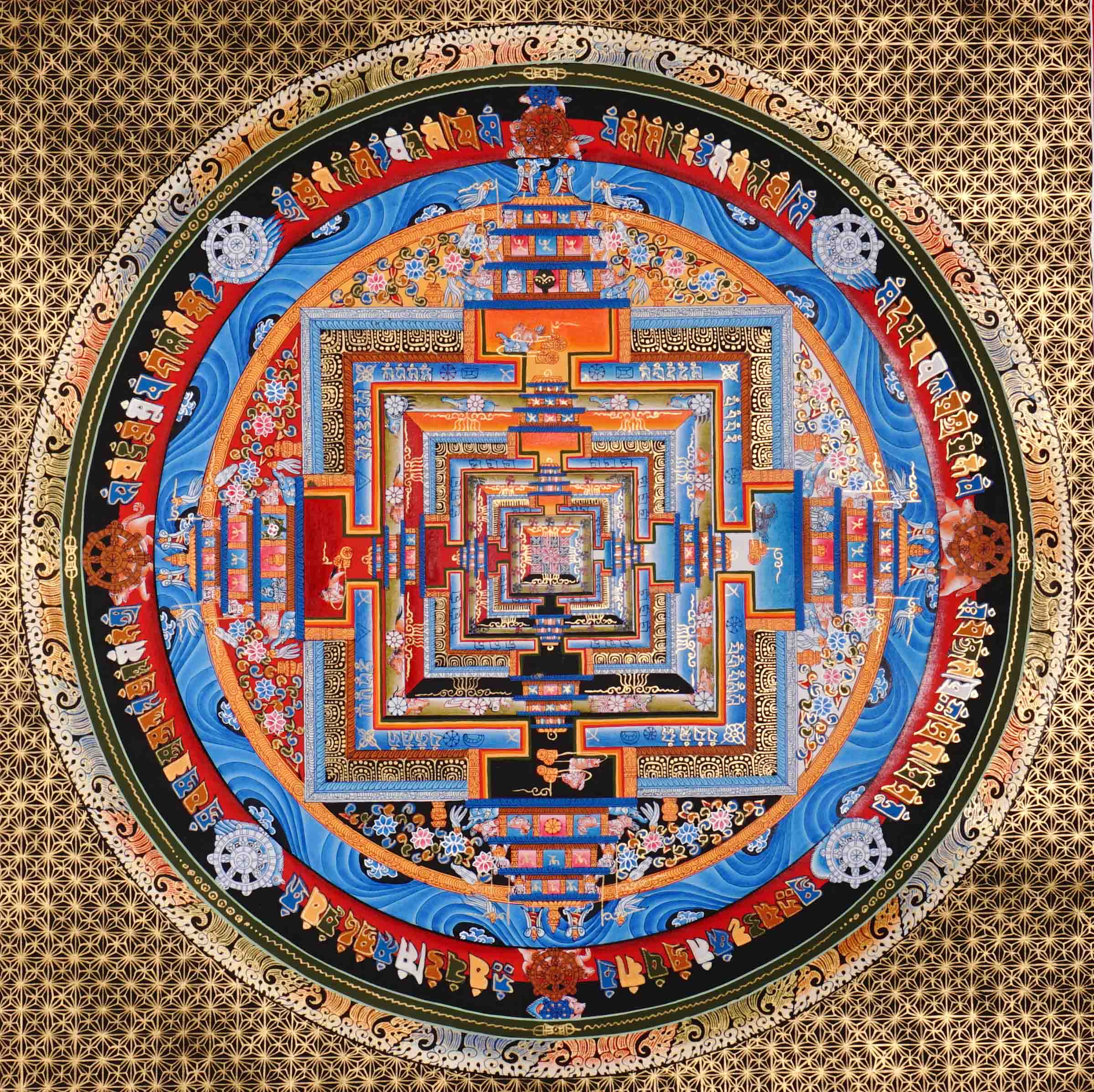 Traditional Tibetan Kalachakra Mandala Thangka painting showing sacred Buddhist cosmology and geometric mandala symbolism.