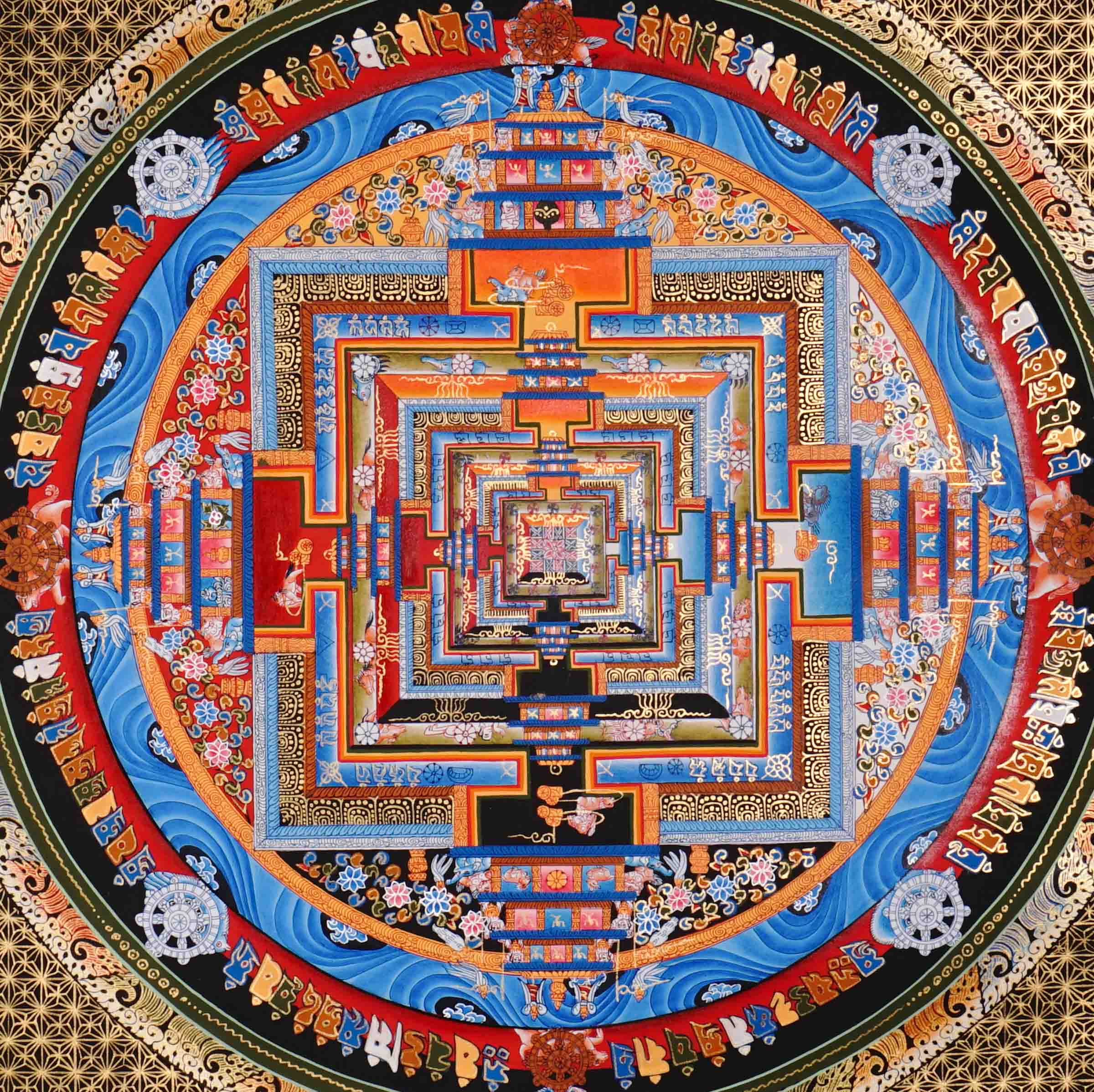 Traditional Tibetan Kalachakra Mandala Thangka painting showing sacred Buddhist cosmology and geometric mandala symbolism.