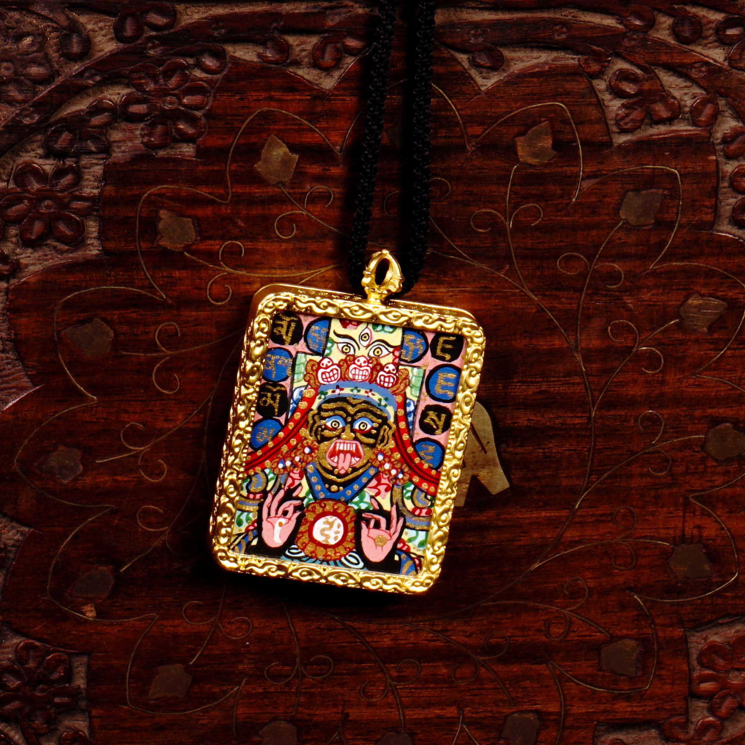 Zhaji Lhamo Ghau Thangka locket with  miniature artwork inside traditional metal amulet Nepal