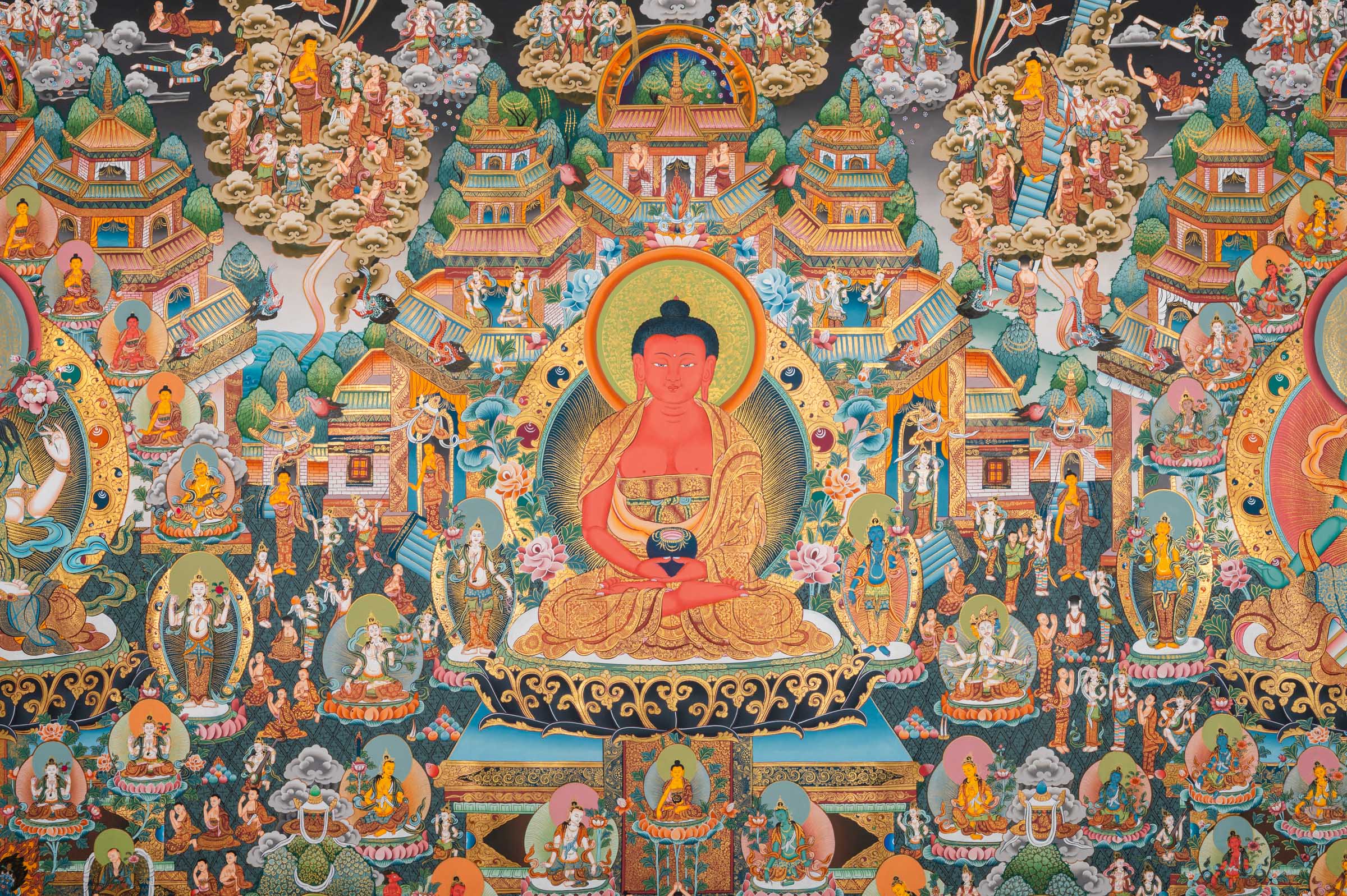 Pure Land Amitabha Buddha Thangka - Handpainted Art