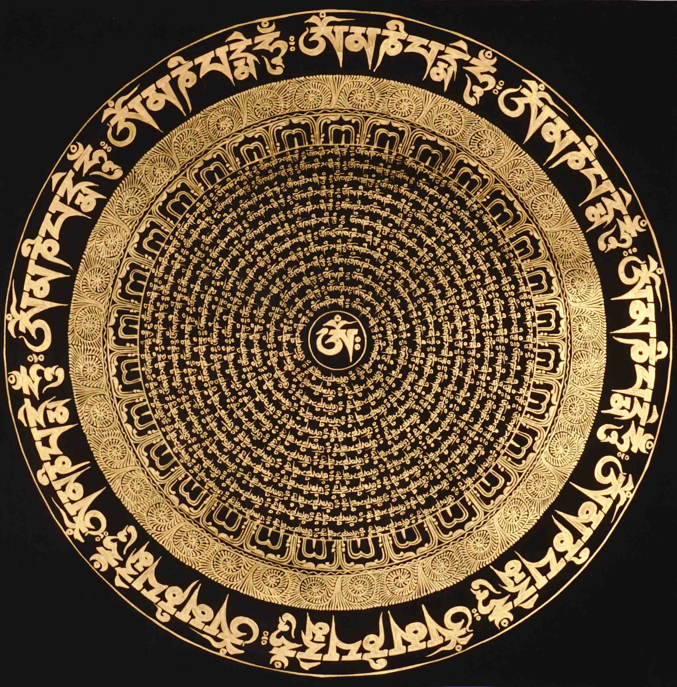 Om Mandala Thangka with Tibetan Aum symbol and sacred mantra design on black background.