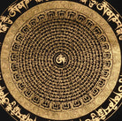 Om Mandala Thangka with Tibetan Aum symbol and sacred mantra design on black background.
