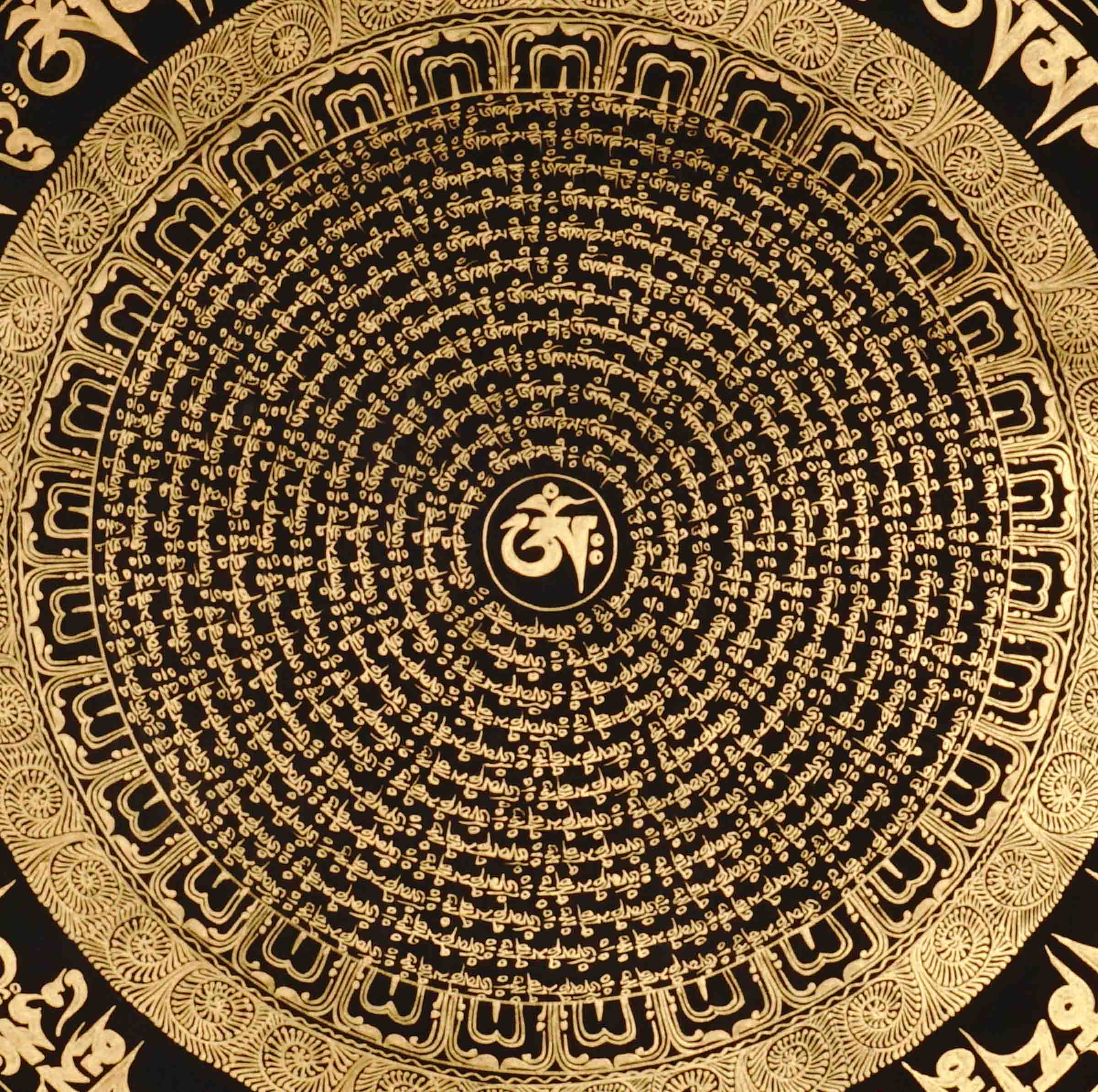 Om Mandala Thangka with Tibetan Aum symbol and sacred mantra design on black background.