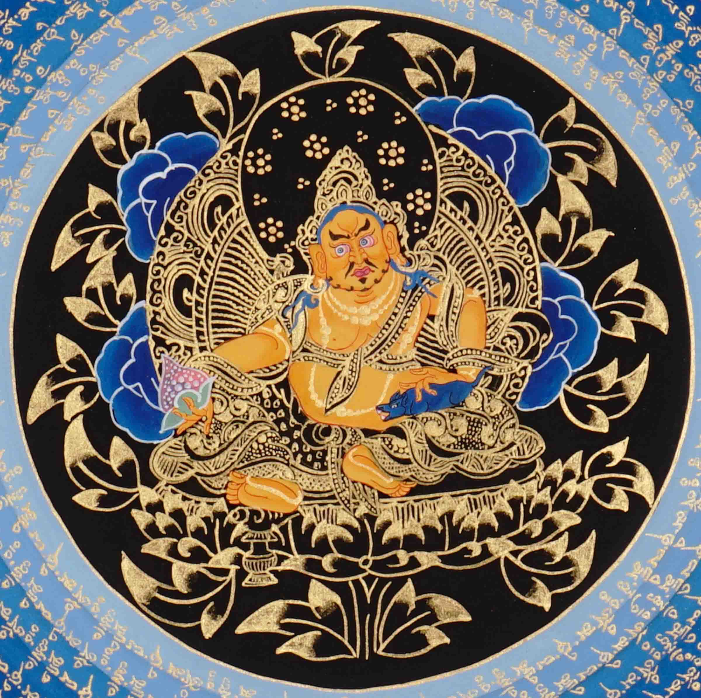Zambhala Mantra Mandala Thangka with Tibetan script and blue background from Nepal
