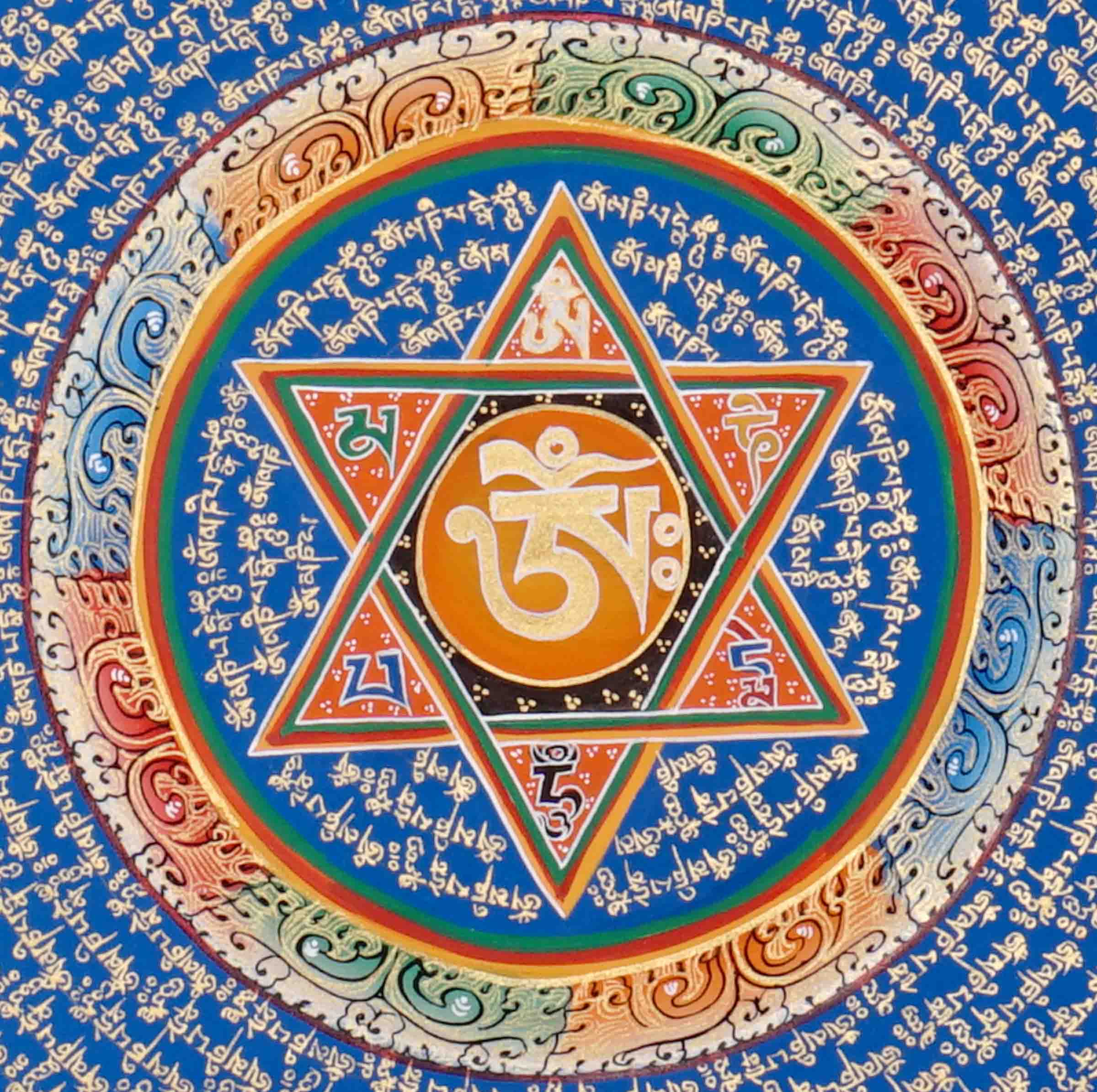 Om Mantra Mandala Thangka with six-pointed star and Tibetan script from Nepal