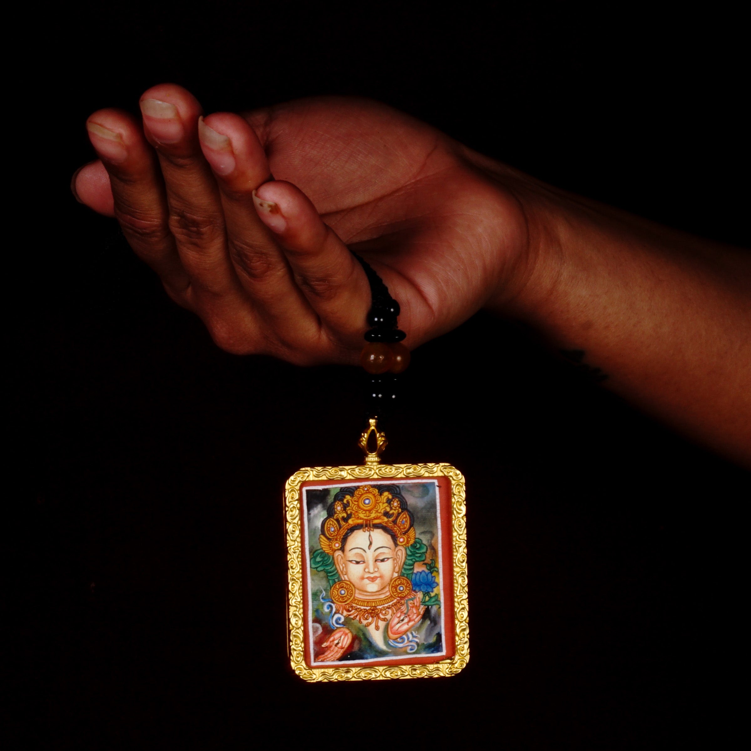 White Tara ghau locket thangka peace, balance, and spiritual nourishment.