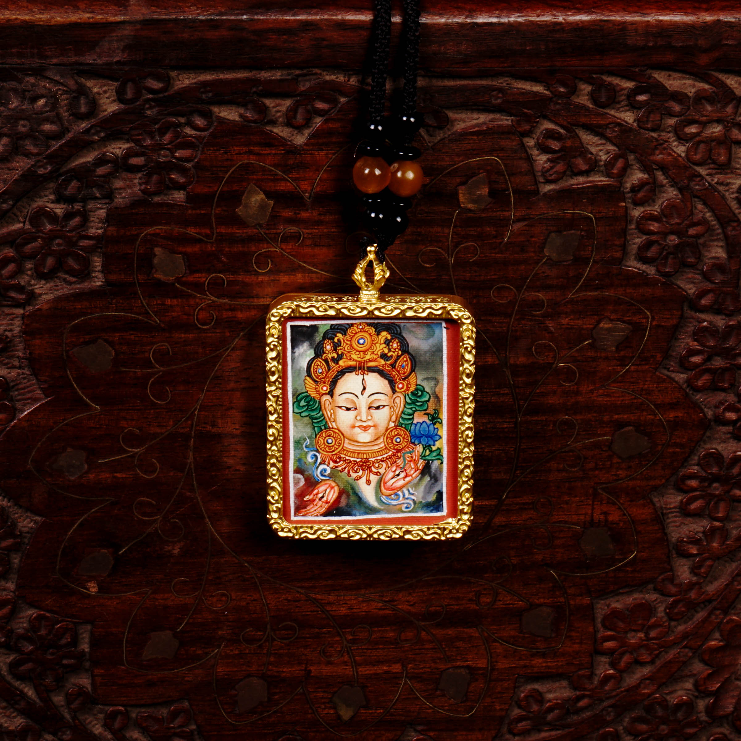 White Tara ghau locket thangka peace, balance, and spiritual nourishment.