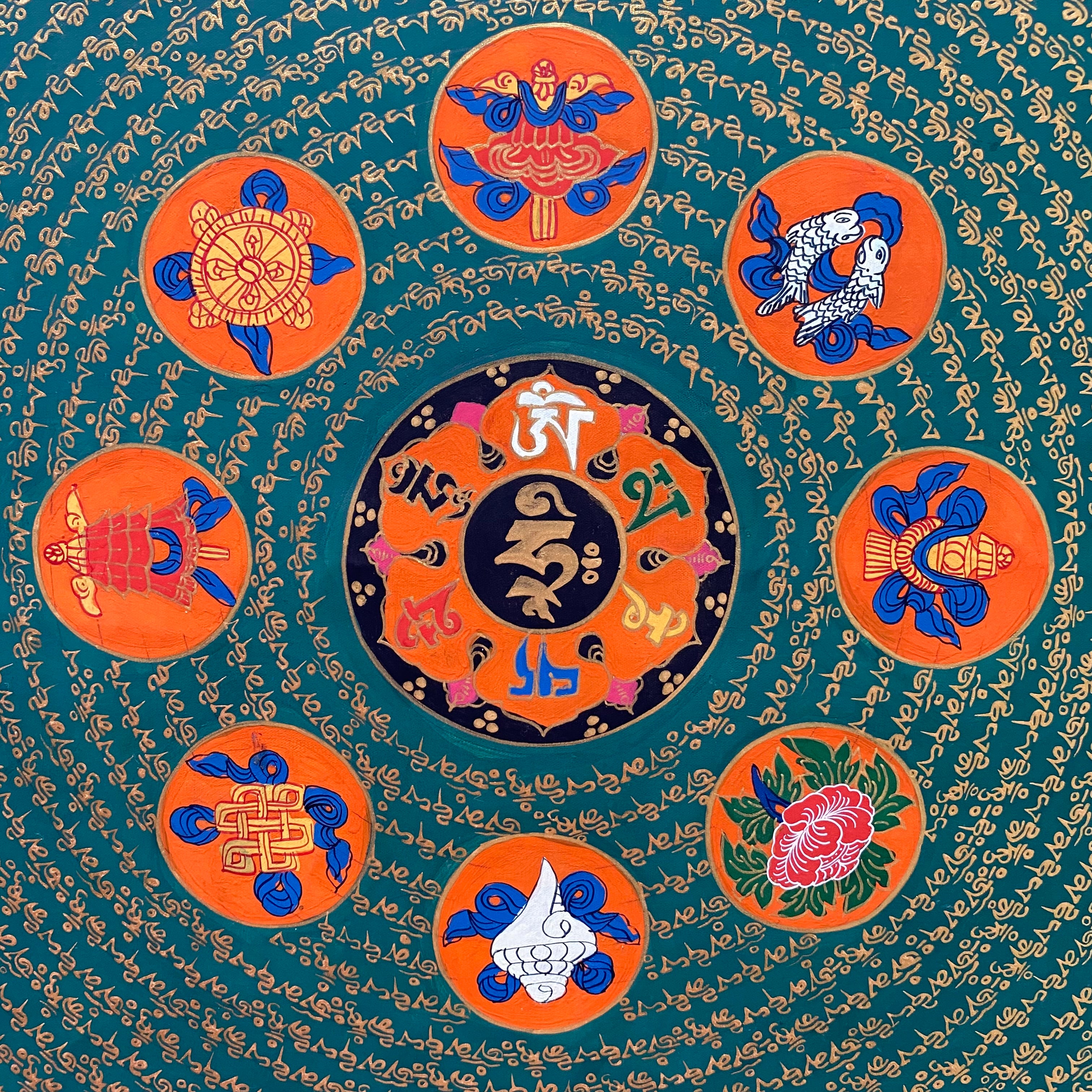 8 Auspicious Symbol Mantra Mandala Thangka - Handpainted Tibetan Art