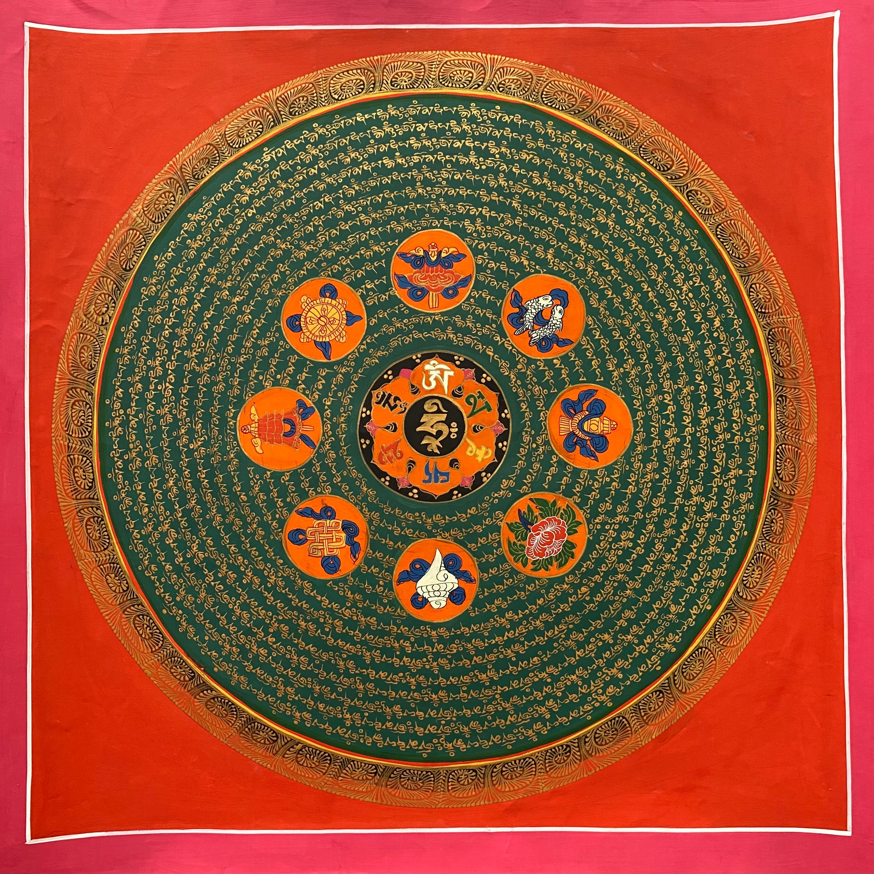 8 Auspicious Symbol Mantra Mandala Thangka - Handpainted Tibetan Art