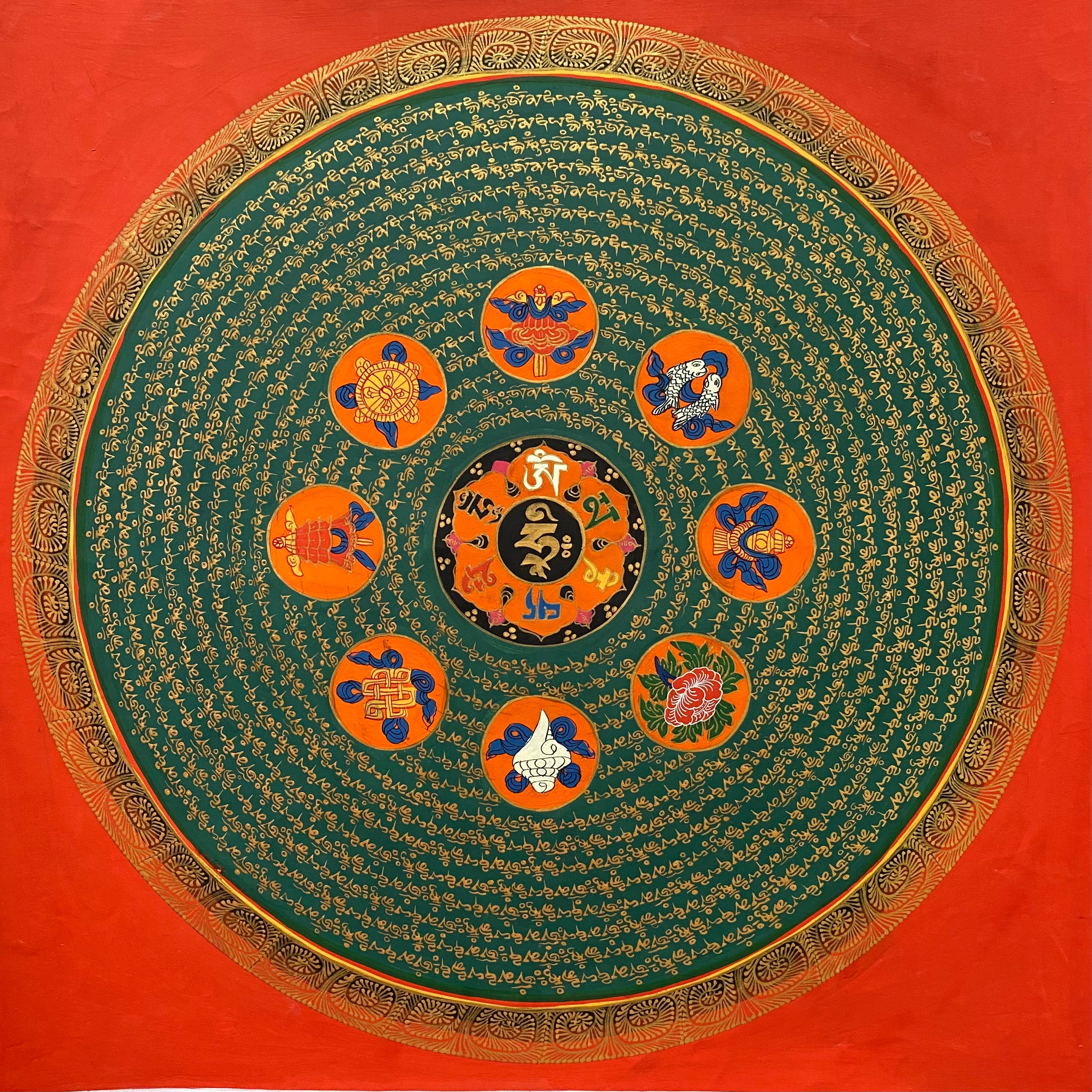 8 Auspicious Symbol Mantra Mandala Thangka - Handpainted Tibetan Art