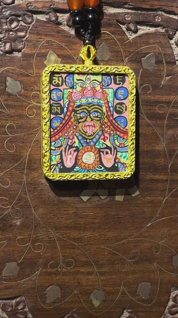 Zhaji Lhamo Ghau Thangka locket with  miniature artwork inside traditional metal amulet Nepal