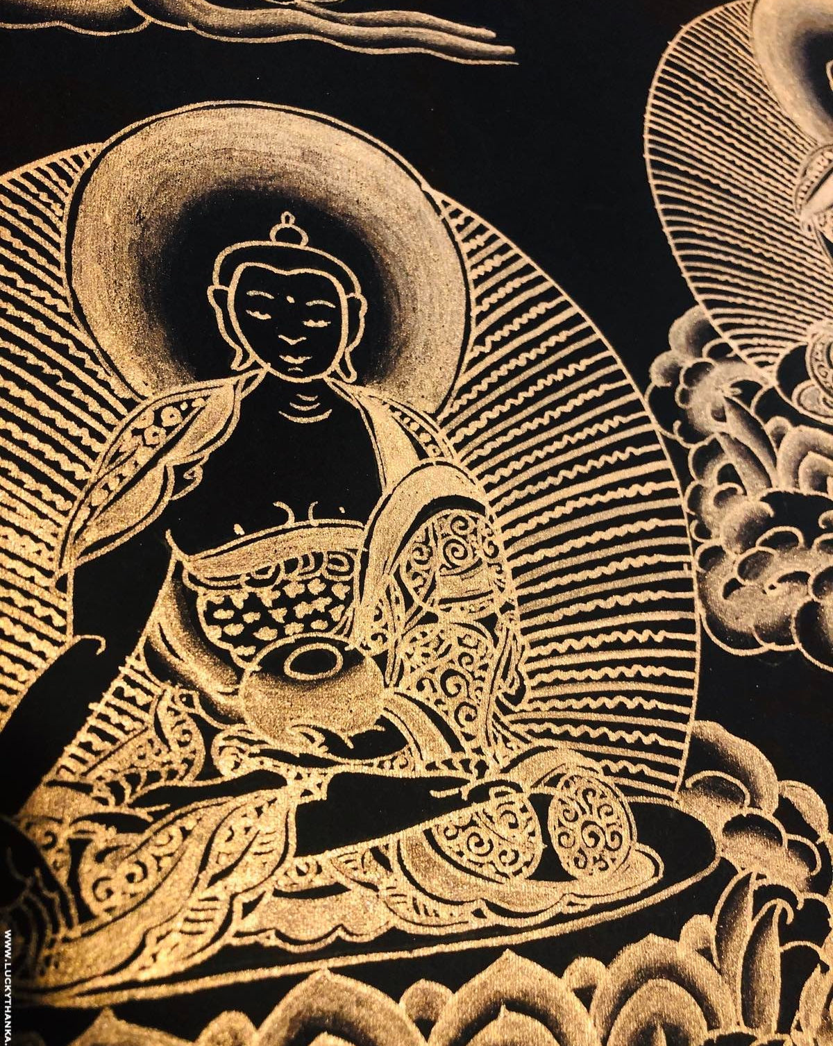 Black and Gold Kalachakra Mandala Thangka Painting with 5 Buddha | Large Size - Lucky Thanka