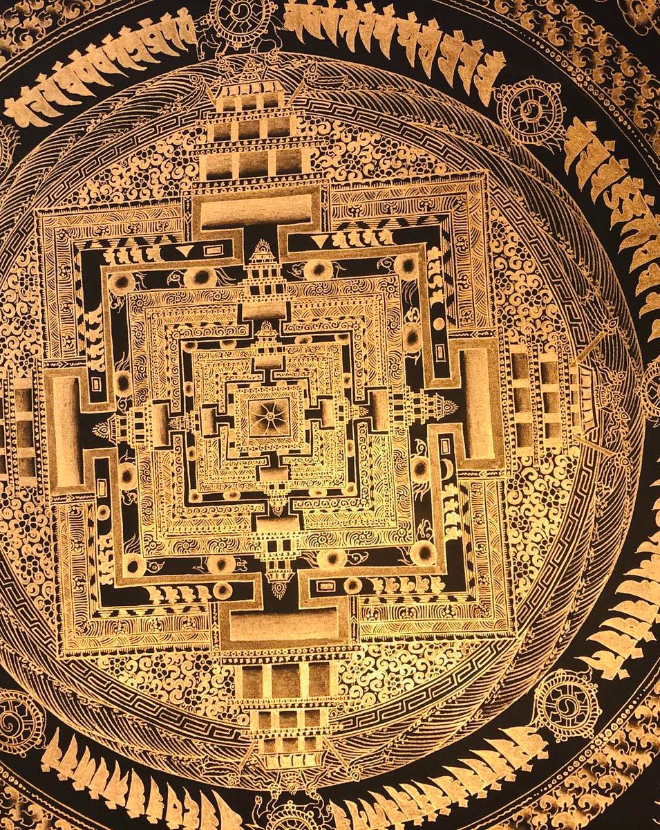 Black and Gold Kalachakra Mandala Thangka Painting with 5 Buddha | Large Size - Lucky Thanka