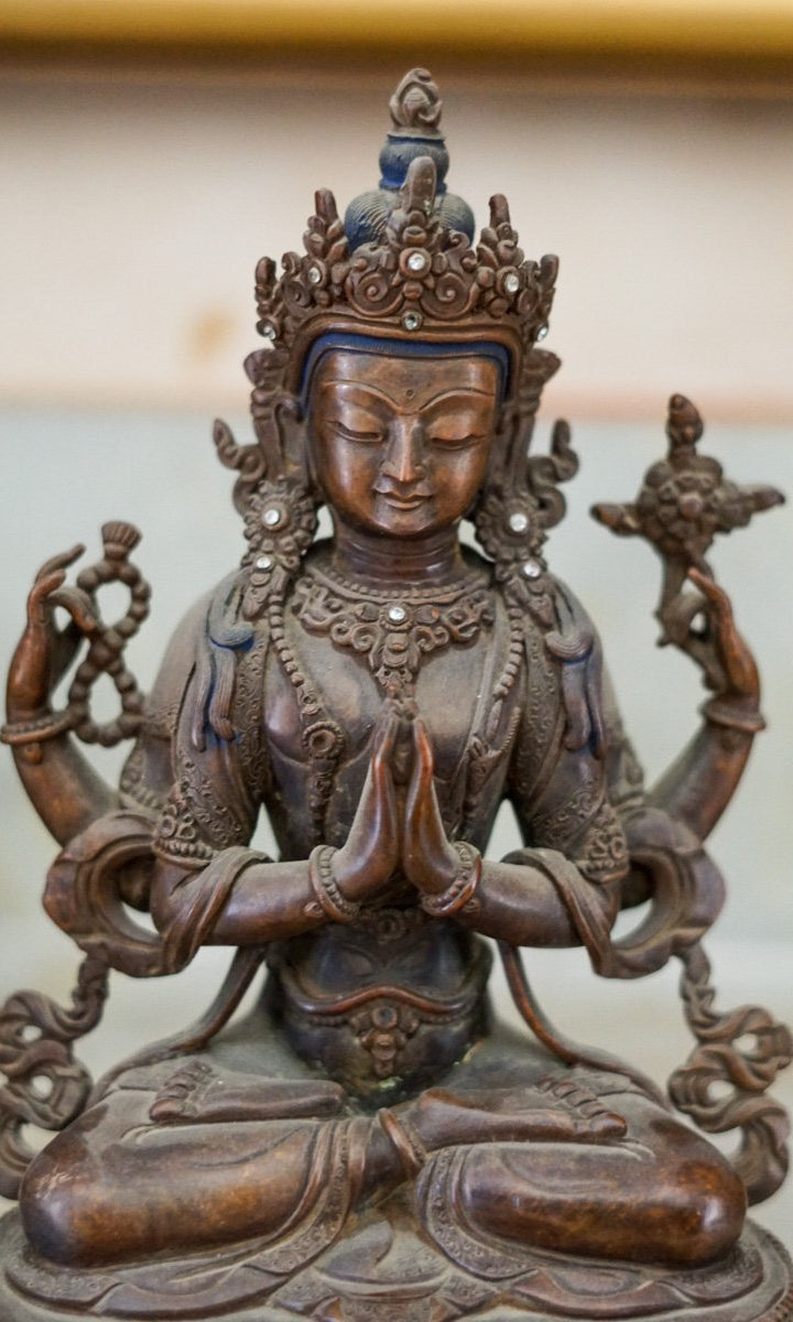100 % Hand Made Copper Oxidized Fine Carved Chenregsi Statue - Lucky Thanka