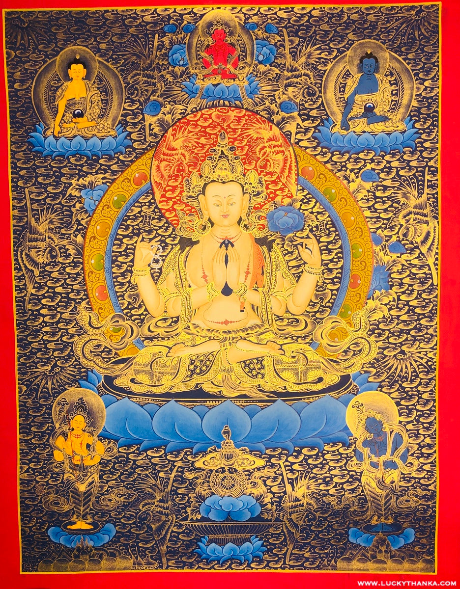 Great Compassionate Buddha - Chenrezig Thangka Painting - Lucky Thanka