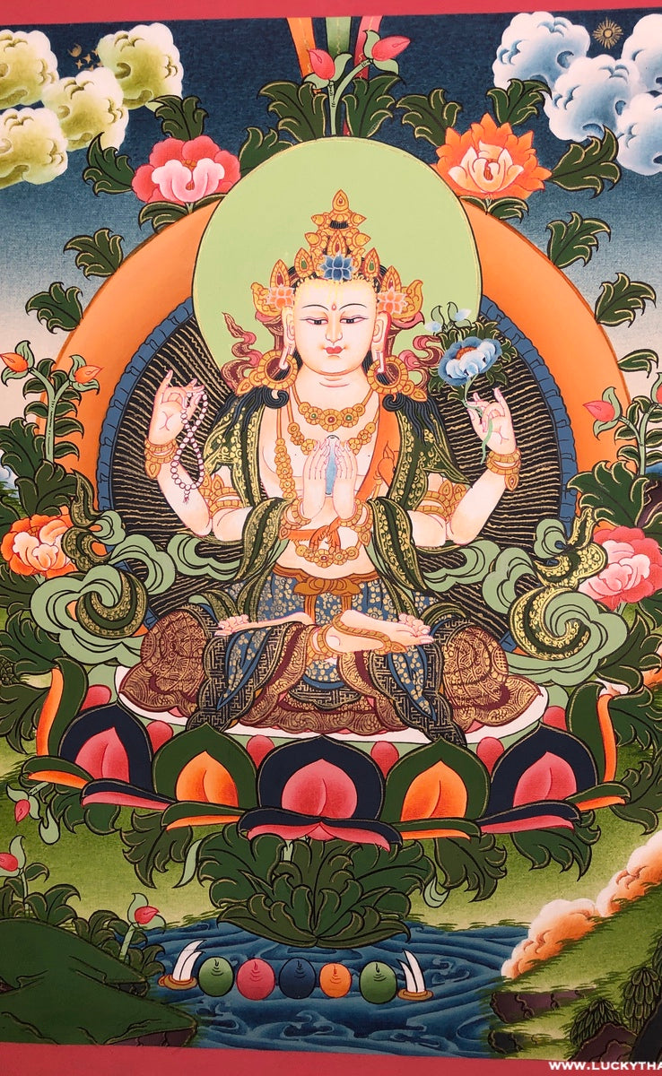 4 armed kuan qin (Chenrezig) Tibetan Thangka Painting - Lucky Thanka