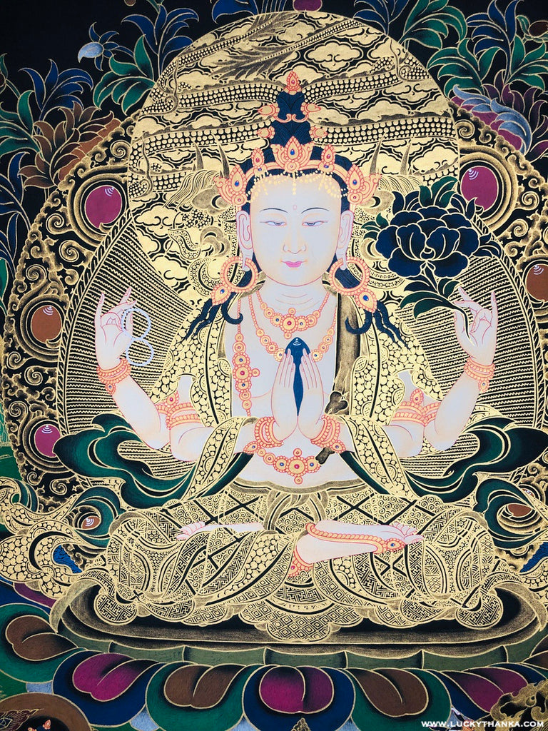 Black and Gold Thangka of Compassionate 4 armed Chenrezig - Lucky Thanka