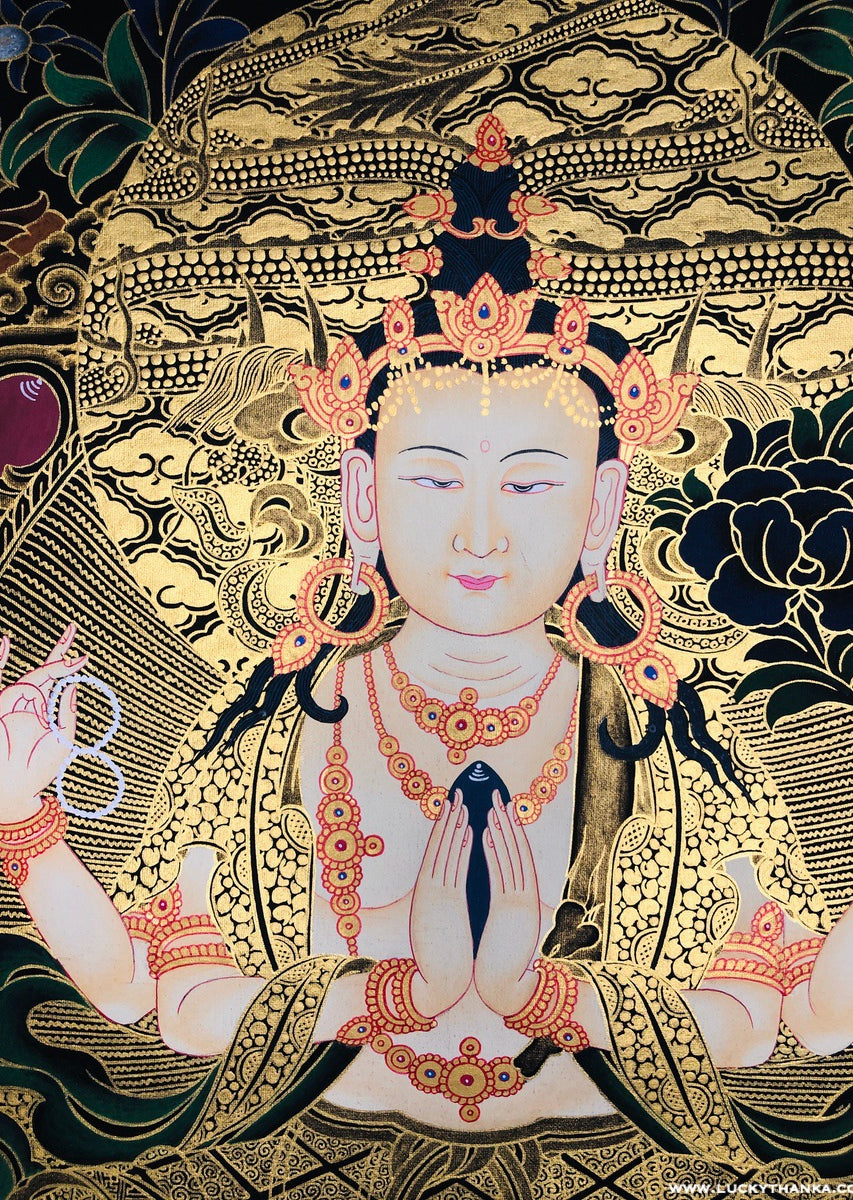 Black and Gold Thangka of Compassionate 4 armed Chenrezig - Lucky Thanka