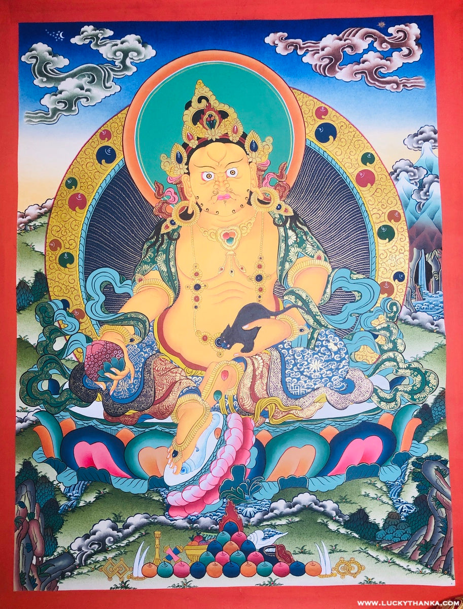 Tibetan Thangka Painting | Zambala Wall Hanging art for Good Wealth and Prosperity - Lucky Thanka