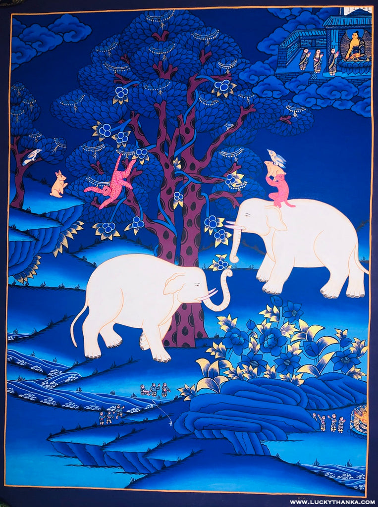 The Four Harmonious Friends Thangka Painting | Wall hanging art - Lucky Thanka