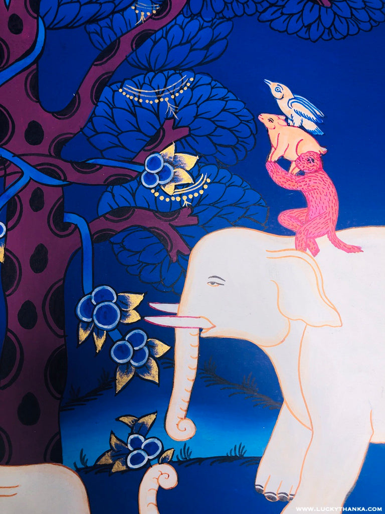 The Four Harmonious Friends Thangka Painting | Wall hanging art - Lucky Thanka