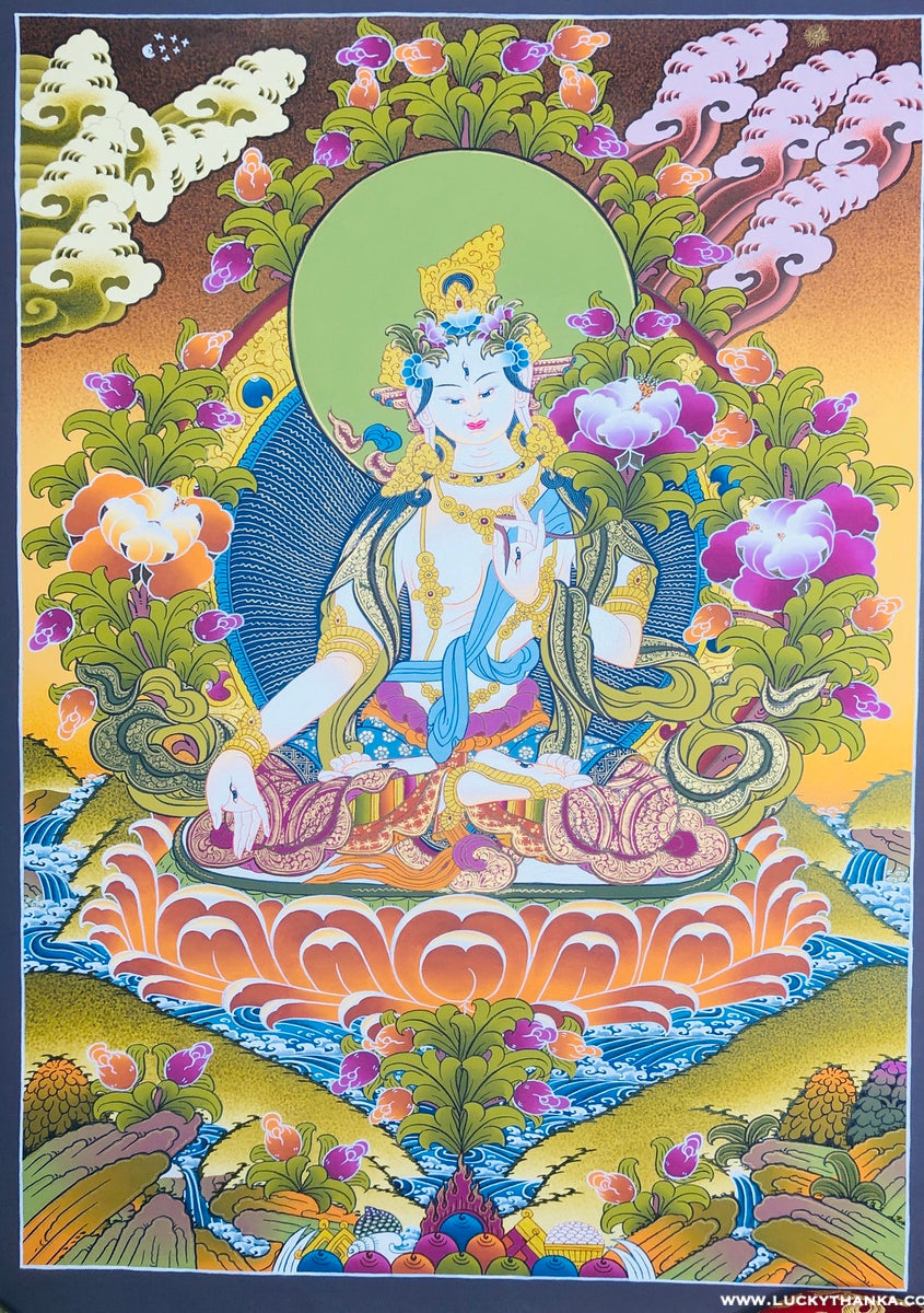 Beautiful White Tara Tibetan Thangka - Lucky Thanka