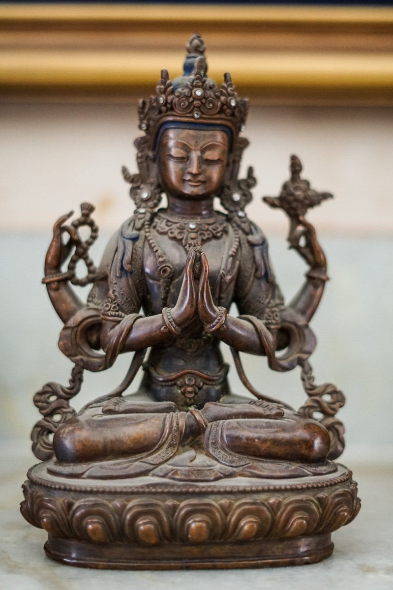 100 % Hand Made Copper Oxidized Fine Carved Chenregsi Statue - Lucky Thanka