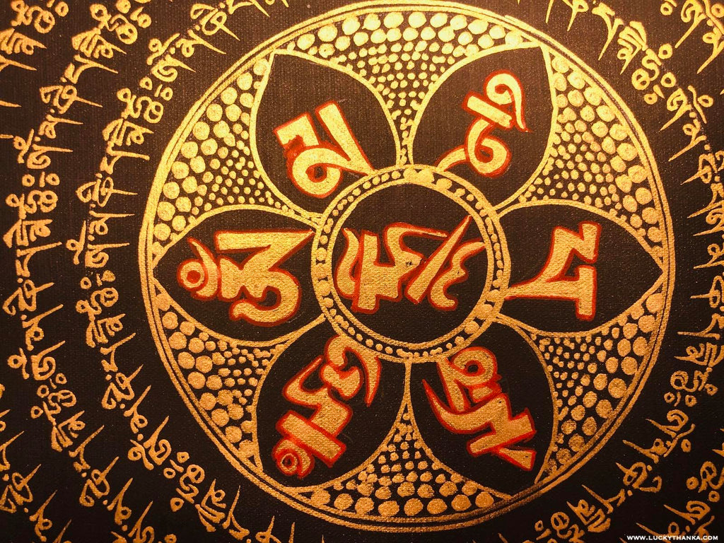 Black and Gold Mandala Thangka from Nepal - Lucky Thanka