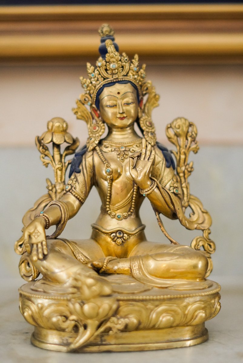 Semi Antique Gold Plated Eternal Green Tara Statue - Lucky Thanka