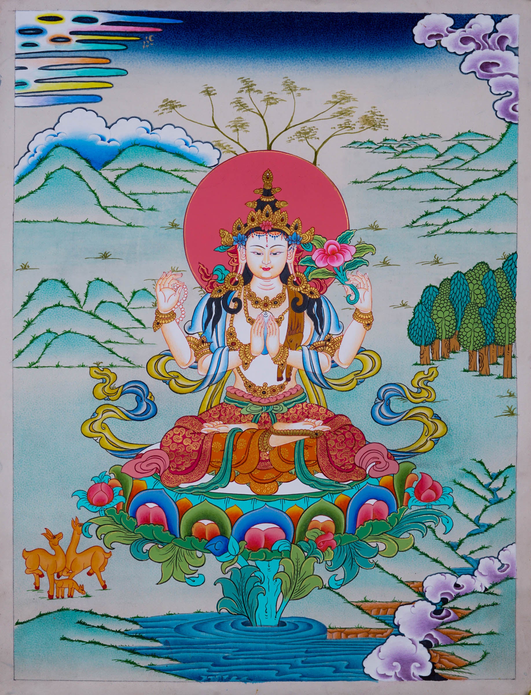 Compassionate Buddha Chenrezig - Best handpainted thangka painting - LuckyThanka