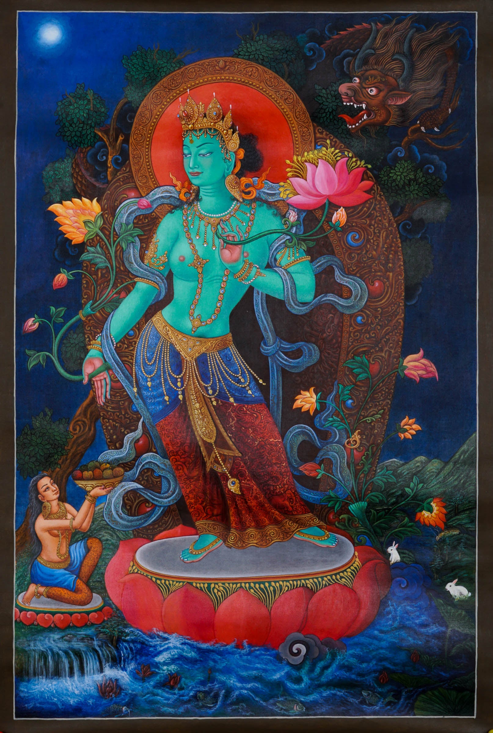 Newari Style Green Tara Thangka - Best handpainted thangka painting - LuckyThanka
